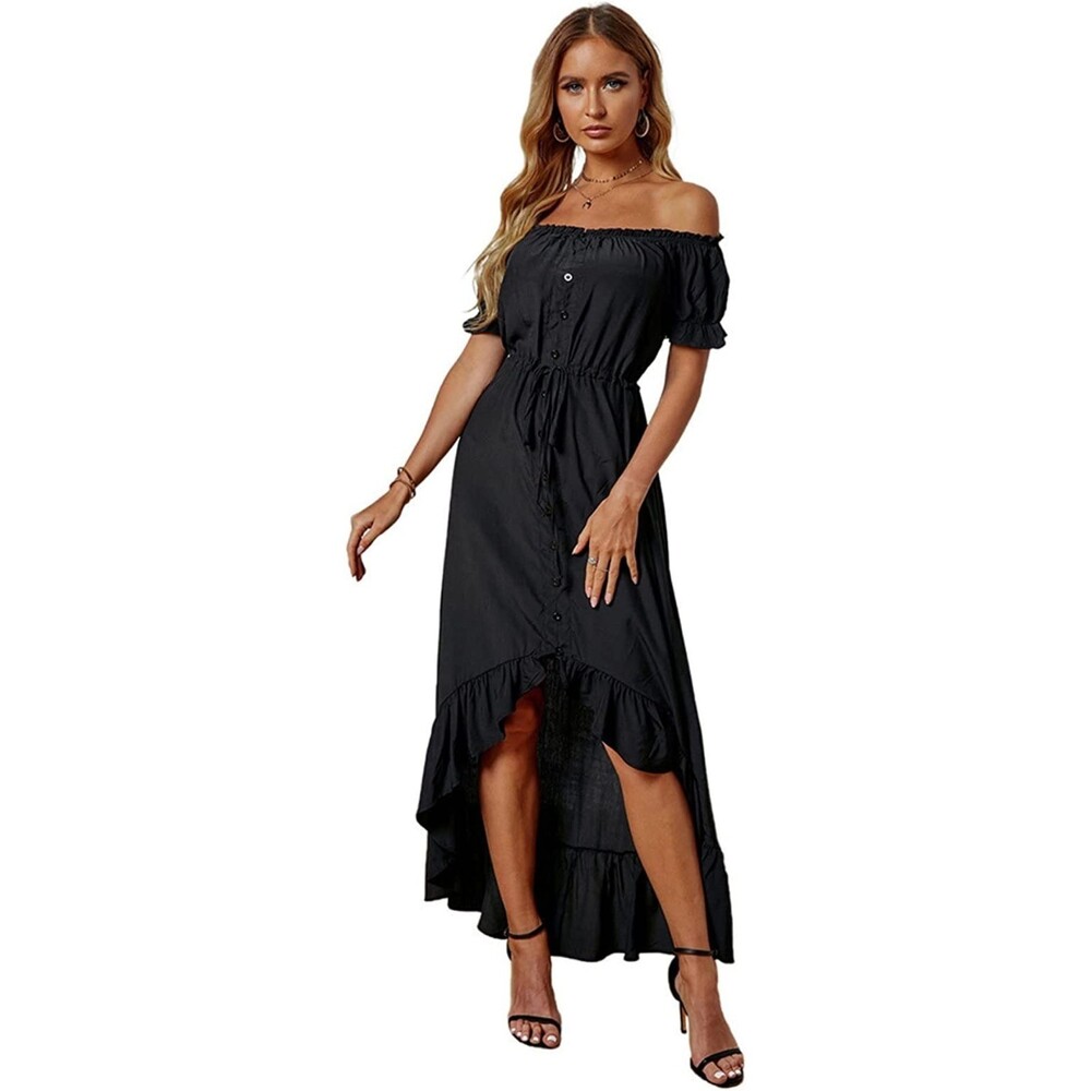 WIITON Off Shoulder Short Sleeve High Low Ruffle Hem Dress Sz S
